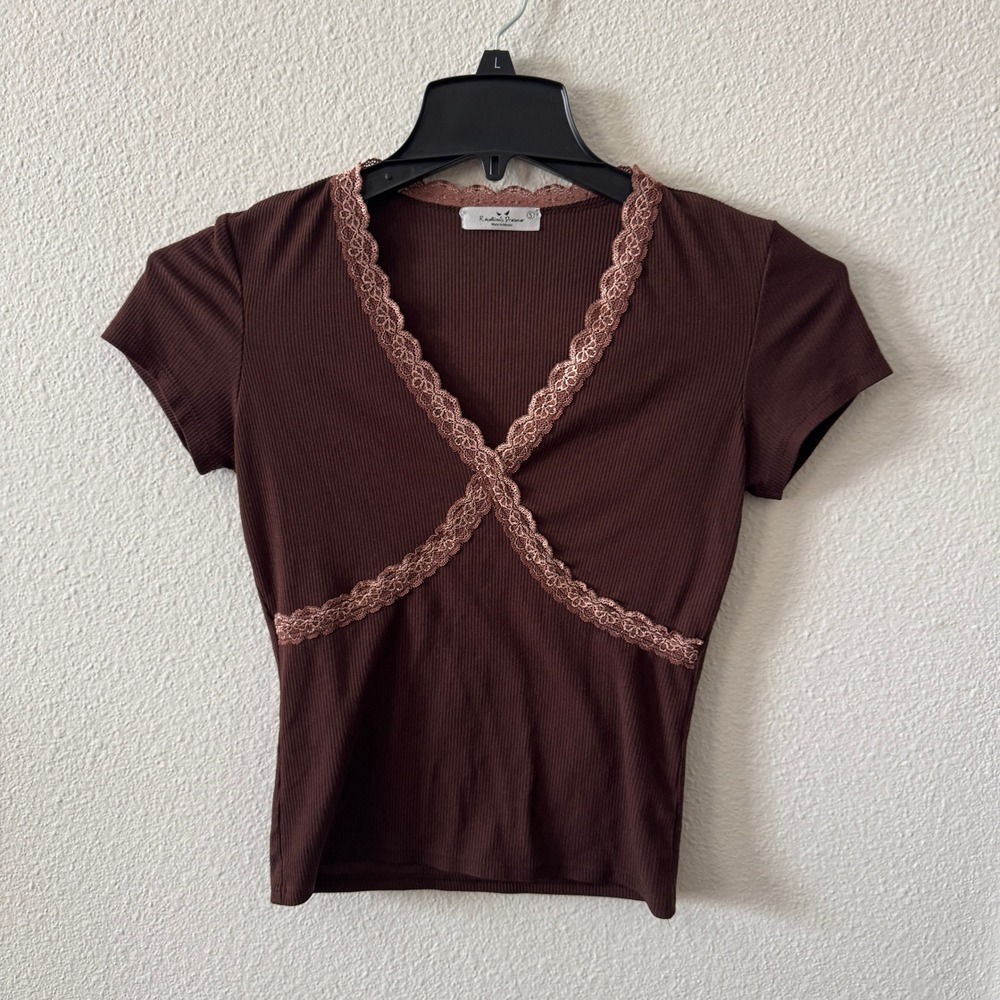 Y2K Brown Babydoll Lace Trim Top Size S Ribbed V-Neck Bella Swan Romantic Grunge